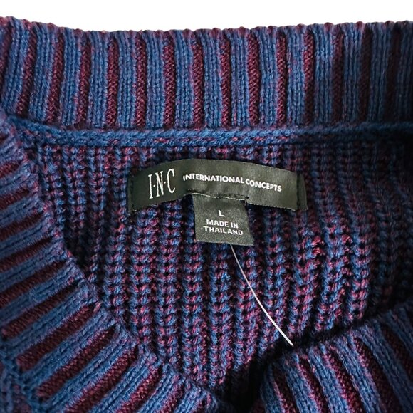 INC Men's Size L Crew Neck Plaited Striped Ribbed Knite Navy Red Sweater… - Picture 4 of 6